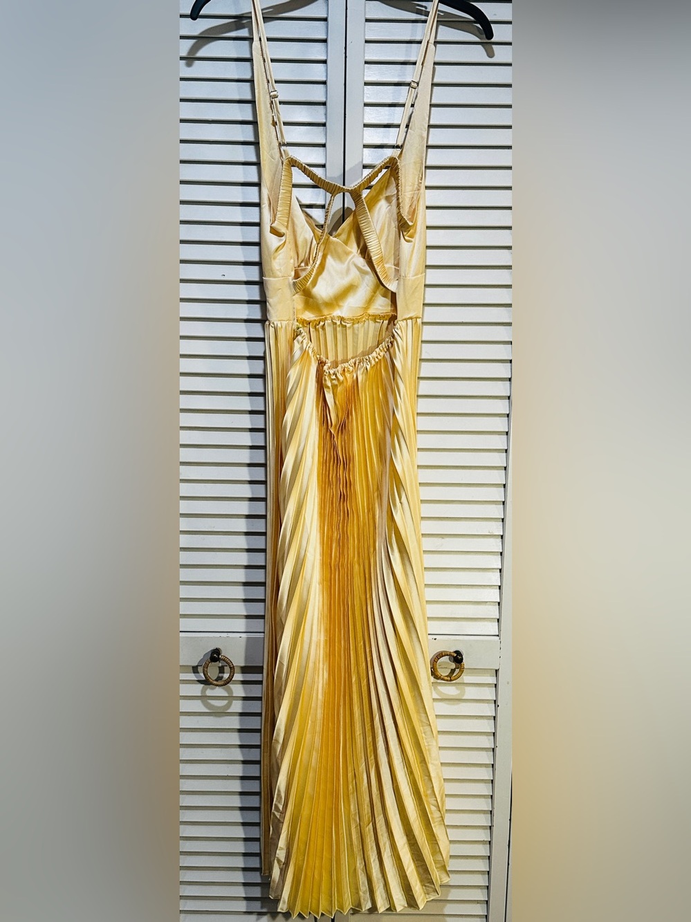 Yellow Satin Pleated Midi Dress Open Back Wedding Guest Formal Dress - Picture 6 of 11